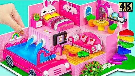 Building Cute Pink Hello Kitty Bedroom has Bunk Bed, Rainbow Slide Pool ❤️  DIY Miniature Clay House 